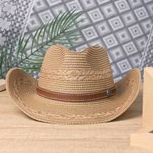 1 pieza Sombrero de paja estilo vaquero clásico minimalista bohemio con hebilla de costura marrón, adecuado para hombres y mujeres, playa, fiesta en el campo, protección solar - sombrero de paja - Ver 9