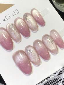 10片纯手工制作的按压式美甲片，中号杏仁形美甲，粉色系，梦幻少女风，粉色渐变猫眼图案，点缀闪亮亮片，温柔简约甜美，适合女性和女孩，春夏秋冬节日派对及日常佩戴。 - 粉色 - 查看 2