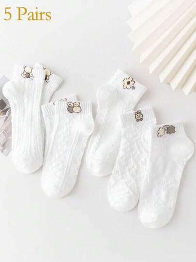 5 Pairs Women's Cartoon Pattern Socks, Bear, Rabbit, Flower Printed Design, Cute Breathable Short Socks, Women's Thin Socks For Spring/Summer