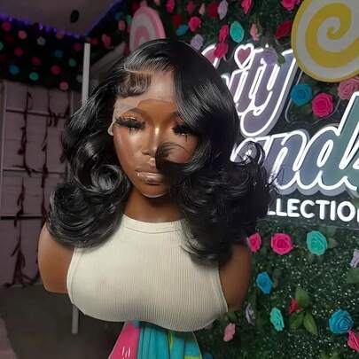 蓬松波浪短波波头假发，真人发，13x4蕾丝前假发，预先拔毛的真人发，波浪卷发，180%密度，4x4闭合式波波头假发