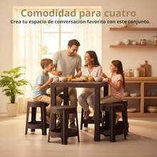 MR. GADGETS Mesa Estilo Textura Ratán 80x80x74cm con 4 Bancos Redondos Comedor de Plástico Reforzado Uso Rudo Resistente Comodo Juego de Muebles para Jardín Exteriores Chocolate - Chocolate - Ver 4