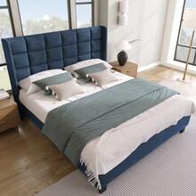 Upholstered Double Bed With Padded Headboard, 140x200cm, In Blue Linen, Medium Firmness (Mattress Not Included) - Navy Blue - View 1