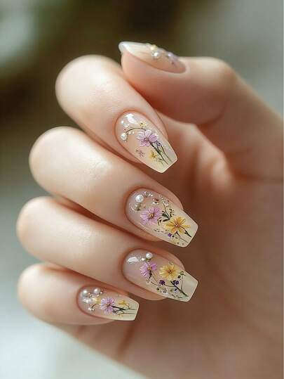 24-Piece Set Of Dried Nail Flowers And Pearl Nude Color Pressure Nails Y2K Acrylic Nails Pink Fashionable Gradient Geometric Stripes Flower Pattern Beautiful Light Luxury Style Fake Nails Reusable Fake Nails Women's Sweet And Cute Manicure Set With Removable Fake Nail Patches Suitable For Vacations, Parties, Friends, Dates, Daily Wear