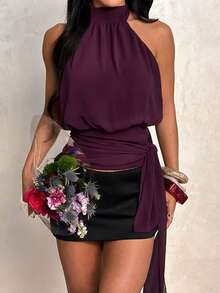 WOWDARK 女士夏季上衣，紫色时尚性感露背休闲衬衫，适合情人节、约会、聚会、派对、旅行、度假、海滩等场合。 - 紫色 - 查看 4