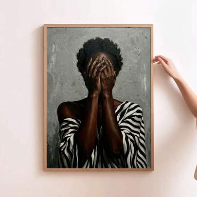 1幅装裱/未装裱复古抽象帆布海报，波西米亚条纹非洲女孩无脸肖像墙面艺术印刷品，极简主义装饰复古非洲中心主义绘画，适用于公寓、客厅、卧室、现代家居装饰