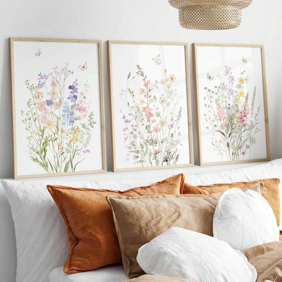 1/3pcs Set Unframed Wildflower Nursery Canvas Poster Boho Botancial Floral Butterfly Wall Art Print Minimalist Girl Room Aesthetic Decor Painting For Apartment,Living Room,Bedroom,Modern Home Decoration - A - View 1