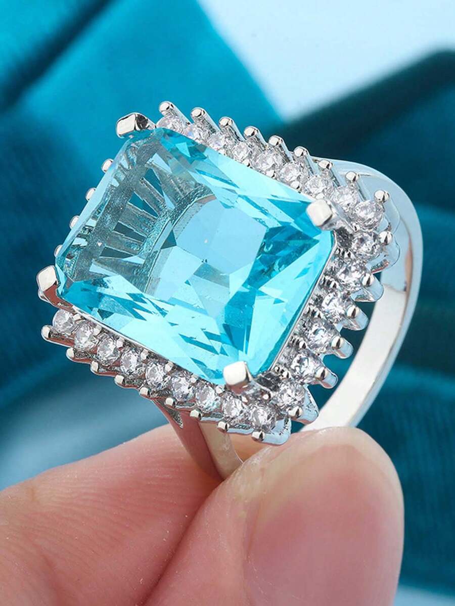 奢华花卉四爪方形浅蓝色几何戒指，女士合成立方氧化锆订婚礼物珠宝 - 白色 - 查看 1