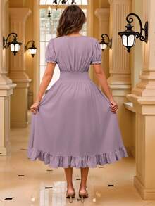French Countryside Style Square Neck Puff Sleeve Women's Dress, Elastic Waist Ruffle Hem Mid-Length Dress, Cinched Waist Reversible Dress Suitable For Daily Wear/Party - Lilac Purple - View 2