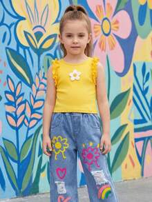 BASUSARRI 3D Print Effect Girls 2-Piece Set, Sleeveless Top With Ruffle Sleeve & Fashion Pants, Stylish Casual Outfit For Girls - Yellow - View 2