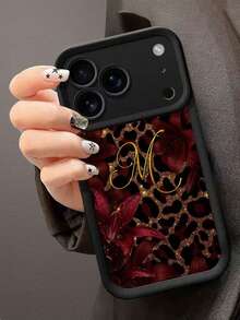 时尚、流行、个性化，金色闪光豹纹搭配红色百合花和草书字母M图案设计主题，奢华防震，美观可爱，触感柔软，握感极佳，防水耐用，防污，带摄像头保护的边框保护壳，兼容 17/17 Pro/17 Pro Max - 黑色 - 查看 1