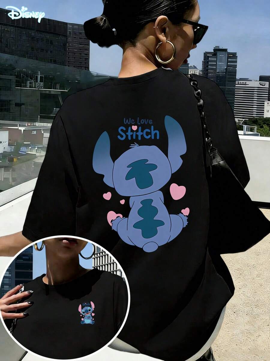 Disney "We Love Stitch" Oversized T-Shirt: White Loose Fit Cotton Tee With Double-Sided Cute Heart Graphic, Perfect For Girly Outfits, Theme Park Visits And Lilo & Stitch Fans, Ideal Gift - 黑色 - 查看 1