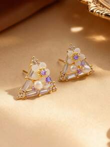 1 Pair French Retro Triangle Earrings, S925 Silver Needle Pearl Mother-Of-Pearl Inlaid Diamond Earrings, Luxury Niche Design Palace Style Gemstone Pearl Gold Triangle Inlaid Diamond Earrings, Elegant And Graceful - Multicolor - View 2