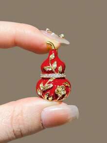 1pc Red Enamel Red Gourd Brooch, Elegant Exquisite Gold Petal Auspicious Brooch With Rhinestones - Multicolor - View 7