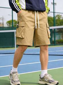 Pantalones cortos cargo de verano para hombres con cintura elástica, diseño de múltiples bolsillos, corte holgado para uso casual y uso diario al aire libre - Caqui - Ver 5