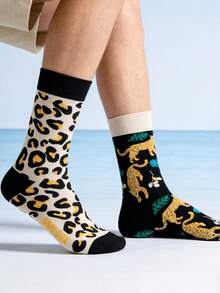 1 双男女通用豹纹图案中筒袜，适合所有季节 - 彩色 - 查看 5