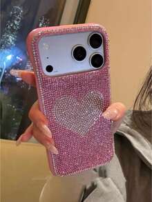 Bling Bling Heart Shaped Rhinestone Phone Case For IPhone 14/17/17 Pro/17 Pro Max, Fashionable Girl Style - Pink Background With Silver Hearts - View 1