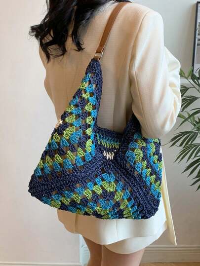 BAILEE 1 Pc Fashionable New Summer Holiday Vacation Style Large Capacity Portable Colorful Paper Woven Vest Style Shoulder Bag Magnetic Suction Women's Woven Beach Bag For Vacation Holiday&Shopping With Friends&Fashion Clothing Matching