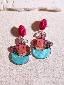 Pink Snail 原创设计手工闪亮树脂兔子花朵吊坠耳环，趣味可爱个性耳环，适合女性、女孩，夏季、冬季、度假、假日、海滩派对、情侣礼物 - 蛋殼兔子和花 - 查看 11