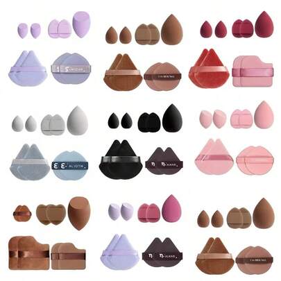9pcs Makeup Sponge Set, Includes: 1pc Classic Water Drop Makeup Sponge, 2pcs Small Makeup Sponges, 2pcs Triangle Flocked Powder Puffs, 2pcs Fingertip Shaped Mini Powder Puffs, 2pcs Beidou Series Makeup Sponge Cushions