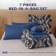 7 Pieces Paisley Comforter Set Queen King Bed In A Bag Comforter, Blue Gold Boho Paisley Pattern Bedding Soft Microfiber Queen Size Comforter With Sheet & Pillowcase,Wedding Items,Valentines Day Home Bed Room Decor,Easter Gifts,All Season - 藍金 - 查看 4