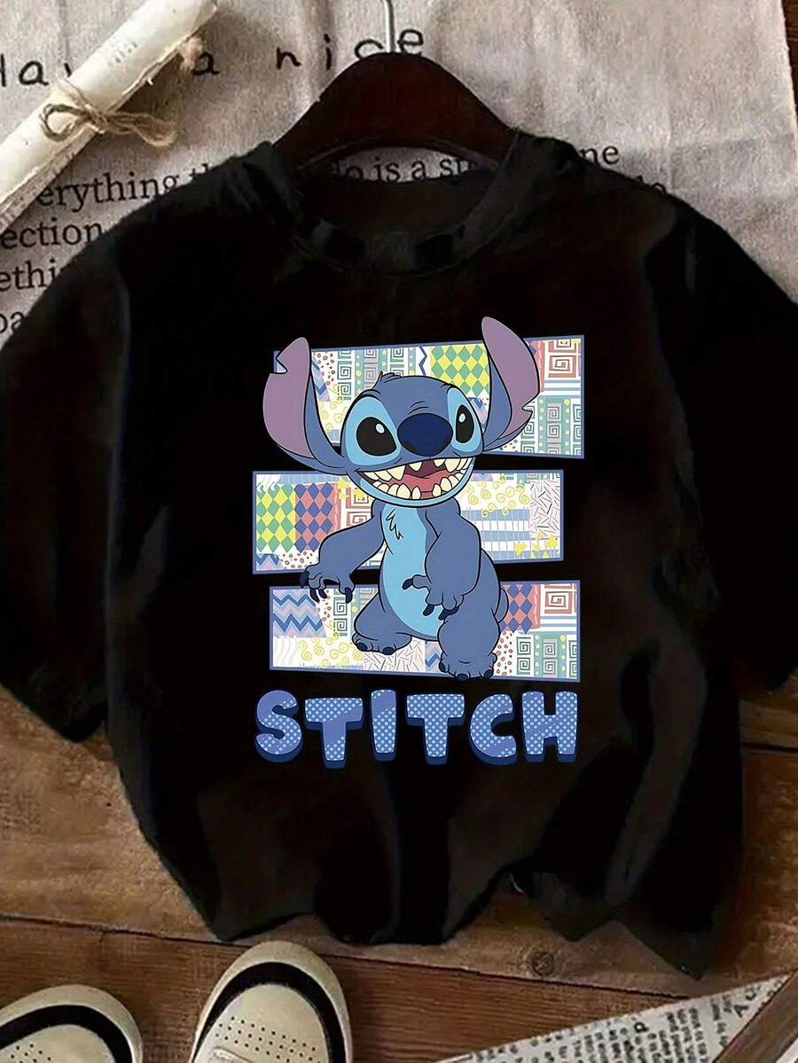 Disney Stitch Patchwork Oversized T-Shirt: White Loose Fit Cotton Tee With Retro Geometric Graphic, Perfect For Theme Park Visits, Casual Wear And Lilo & Stitch Fans, Ideal Gift - Black - View 1
