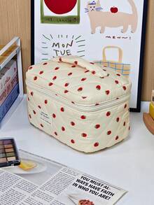 4pcs Strawberry Quilted Cosmetic Bag Set, Large Capacity Makeup Organizer, Cute Travel Toiletry Storage Bags,Valentine's Day Mother's Day Back To School - Multicolor - View 5