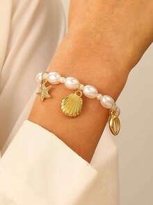 不对称珍珠手链，夏季海滩海洋系列海星贝壳手链（女士款） - 彩色 - 查看 7