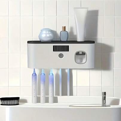 1 Pieza Soporte inteligente para cepillos de dientes, puede organizar los cepillos de dientes en el baño, con dispensador automático de pasta de dientes. Diseño montado en la pared, 5 ranuras de almacenamiento, hecho de plástico, batería de litio recargable por USB.