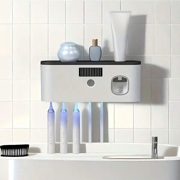 1 Pieza Soporte inteligente para cepillos de dientes, puede organizar los cepillos de dientes en el baño, con dispensador automático de pasta de dientes. Diseño montado en la pared, 5 ranuras de almacenamiento, hecho de plástico, batería de litio recargable por USB.