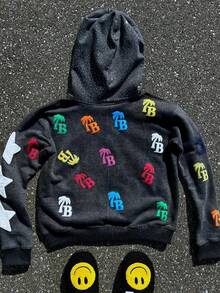 American Letter Foam Print Zipper Hoodie Men's Loose Sweatshirt Retro Street Hip-Hop With Colorful TB Logos For Unique Style - Grey - View 2