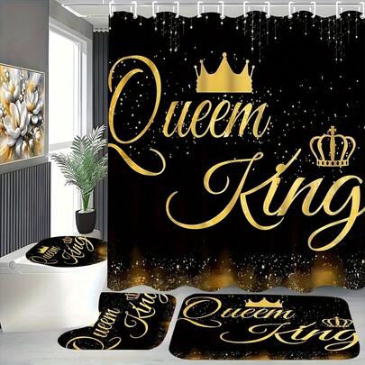 1/4pcs Creative King And Queen Crown Bathroom Set - Insulated Polyester Shower Curtain, Non-Slip Bath Mat, U-Shaped Carpet, Toilet Cover With 12 Hooks - Modern Style, Premium Bathroom Accessories, Easy To Clean, Suitable For All Scenarios