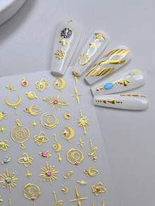 2片星月美甲贴纸 金色5D浮雕星星美甲贴花 金色星日月图腾奢华设计自粘美甲贴纸 设计师美甲贴花 适用于亚克力指甲 DIY美甲装饰 - 彩色 - 查看 4