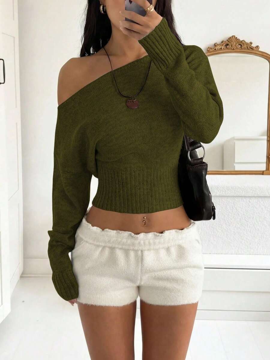 Sexy Off-Shoulder Off Shoulder Knit Sweater, Comfortable & Elegant, Suitable For Dating, Casual Gatherings, And Travel In Autumn/Winter - 軍綠色 - 查看 1