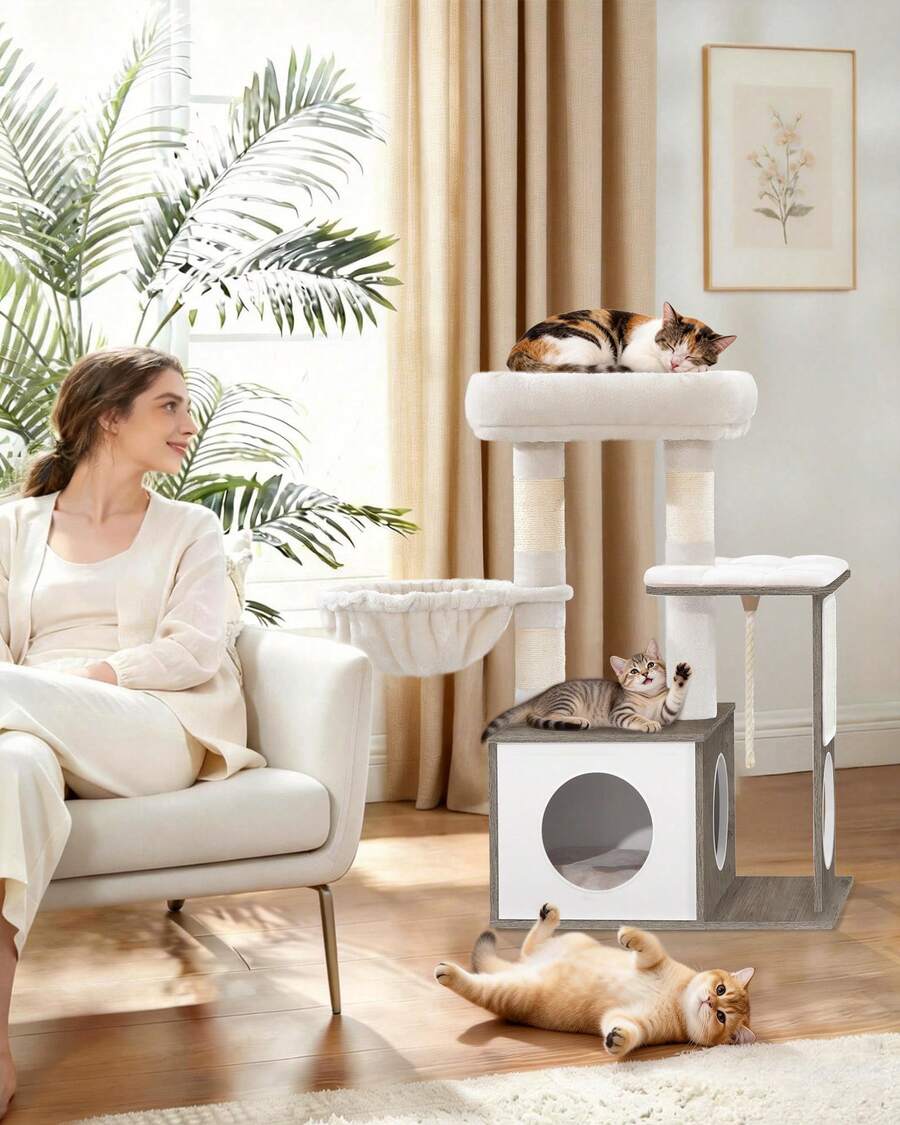 HaluPeit Arbre à Chat 85 cm de Haut, avec 3 Poteaux à Griffer, Tapis Amovible et Lavable, 1 Niche, 2 Plateformes, Corde en Sisal, 1 Panier pour Chat et des 2 Pompons, Lvoire Clair - Blanc - Voir 1
