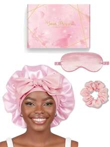 Mũ ngủ bằng lụa satin cho tóc xoăn, mũ ngủ hai lớp với dây chun điều chỉnh | Bộ sản phẩm đầy đủ bao gồm dây buộc tóc và mặt nạ ngủ cùng màu dành cho nữ. - Nhiều màu - Xem 3