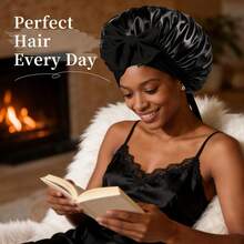 Mũ ngủ bằng lụa satin cho tóc xoăn, mũ ngủ hai lớp với dây chun điều chỉnh | Bộ sản phẩm đầy đủ bao gồm dây buộc tóc và mặt nạ ngủ cùng màu dành cho nữ. - Nhiều màu - Xem 6