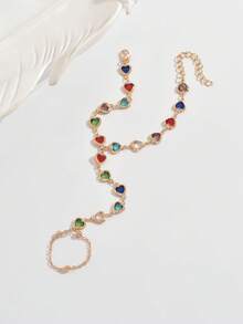 1条波西米亚风彩色心形指链，女士复古金色多色宝石一体链，优雅简约手链，独特沙滩配饰（彩色心形玻璃随机发货） - 彩色 - 查看 4