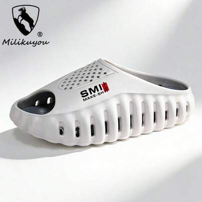 【春夏新品】男士白色透气打孔鞋，防滑加厚EVA鞋底拖鞋，休闲户外沙滩凉鞋，百搭舒适一脚蹬，字母设计时尚简约优雅，度假休闲风，慵懒随性