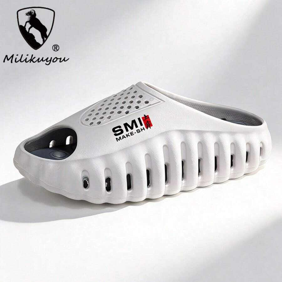 【春夏新品】男士白色透气打孔鞋，防滑加厚EVA鞋底拖鞋，休闲户外沙滩凉鞋，百搭舒适一脚蹬，字母设计时尚简约优雅，度假休闲风，慵懒随性 - 白色 - 查看 1