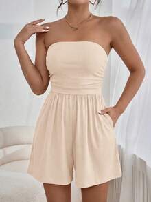 Women Summer Romper Strapless Tube Ruffle Boho Loose Shorts Jumpsuits Pockets Casual Daily Spring Holiday Beach Vacation Airport Outfits - 杏色 - 查看 5
