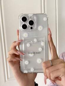 Daisy Pattern Printed Transparent Card Slot Phone Case, Compatible With IPhone 11/17/17pro/13/14/15/15pro/15 Plus/15 Promax/16/16pro/16plus/16promax/7plus/8plus/X/Xs Max/Xr/17Air/12pro/13pro/14pro/17Promax/13mini/11promax/12promax/13promax/14promax/14plus/6/6s/6plus/7/8/Se/17proMax, Transparent Wallet Style Silicone Back Cover, Shock-Proof, Waterproof, Anti-Fall, Anti-Scratch - Multicolor - View 3