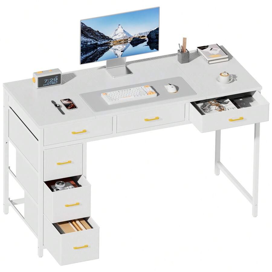 HLONONE Computer Desk With 6 Drawers, 120*50 Cm Wide Desk With Fabric Shelf, Sturdy Steel Frame, Vintage Wood Look, Ideal For Bedrooms And Living Rooms, Available In 3 Colors - trắng - Xem 1