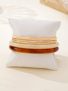 5件套优雅复古亚克力圆形金属素面手镯，时尚简约设计，适合休闲和派对佩戴，女士 - 彩色 - 查看 3