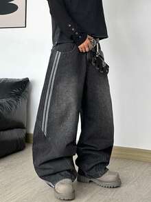 1pc Justice Brother Vintage Cocoon Men's Jeans, Patchwork Barrel Leg Loose Casual Long Pants - Black - View 5