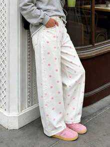 Women's 2026 Polka Dot Barrel Jeans Curved Sword Pants Boyfriend Y2K Casual Wide Leg Mid Rise Denim Pants - 粉色 - 查看 5