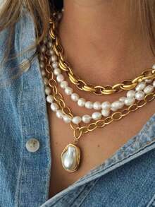 4pcs Women Necklace Set, Vintage Fashion Elegant Luxury High-Quality Pendant Necklace, Faux Pearl Beaded Necklace, Unique Personalized Necklace Suitable For Daily Wear, Gatherings, Parties, Ceremonies, Great Gift For Women On Holidays, Anniversaries, Birthdays - 金色 - 查看 5