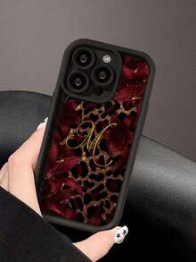 时尚、流行、个性化，金色闪光豹纹搭配红色百合花和草书字母M图案设计主题，奢华防震，美观可爱，触感柔软，握感极佳，防水耐用，防污，带摄像头保护的边框保护壳，兼容 17/17 Pro/17 Pro Max - 黑色 - 查看 5