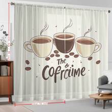 2pcs Sheer Curtains Featuring A Coffee Cup And Coffee Bean Design, Printed With A Playful Image Of Steaming Coffee And Beans. The 2D Flat Print Allows Light To Pass Through, Making It Suitable For Kitchens/Cafes. Features A Rod Bag Design. - Multicolor - 2pcs - View 10