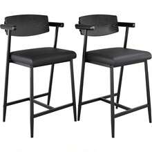 Juego de taburetes de barra modernos 2 o 4 piezas con reposabrazos ergonómicos respaldo en madera asiento tapizado extra ancho reposapiés de metal montaje sencillo ideal para isla de cocina o barra hogareña - Respaldo de madera negra - Juego de 2 piezas - Ver 3