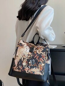 防盗油画图案复古尼龙双肩包女包，多功能时尚日用包，多口袋轻便旅行包，大容量简约书包，便捷书包，适合学生、护士、教师、商务人士、旅行度假、商务出差、日常通勤、购物、办公、约会、徒步、训练、工作、生日礼物、节日礼物 - 彩色 - 查看 10